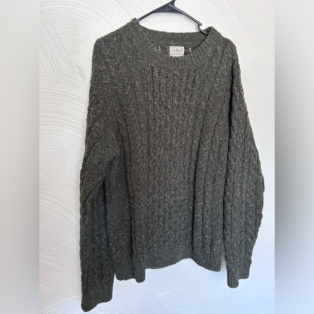 LL Bean Aran Chunky New Wool Green Cable-Knit Fisherman Pullover Crew Sweater M